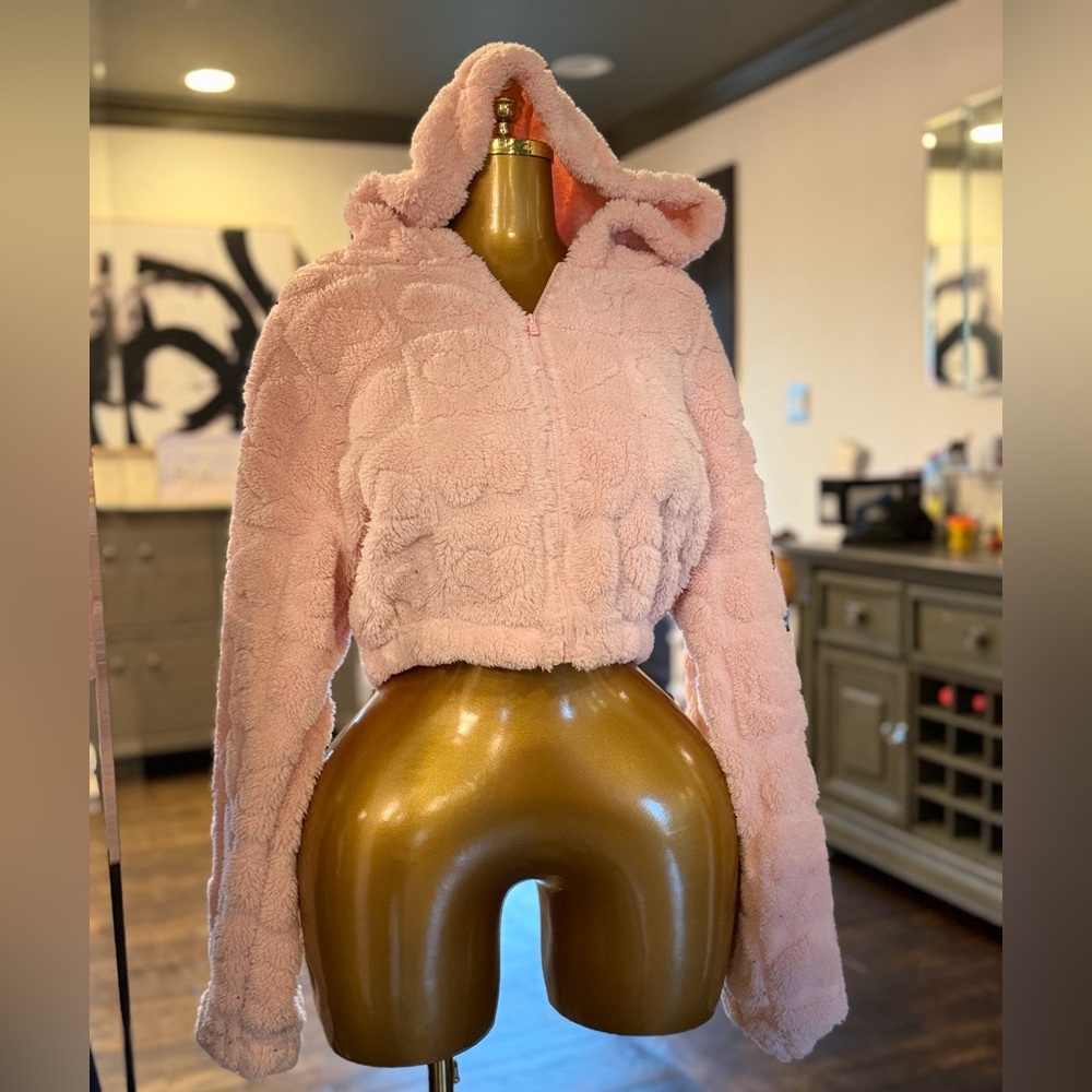 SHEIN Pink Plush Cropped Hooded Teddy Jacket